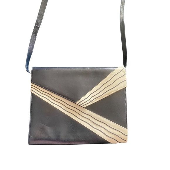 Vintage Bally Leather Envelope Shoulder Bag 1980's-1990's Black White Made in It - Picture 1 of 9